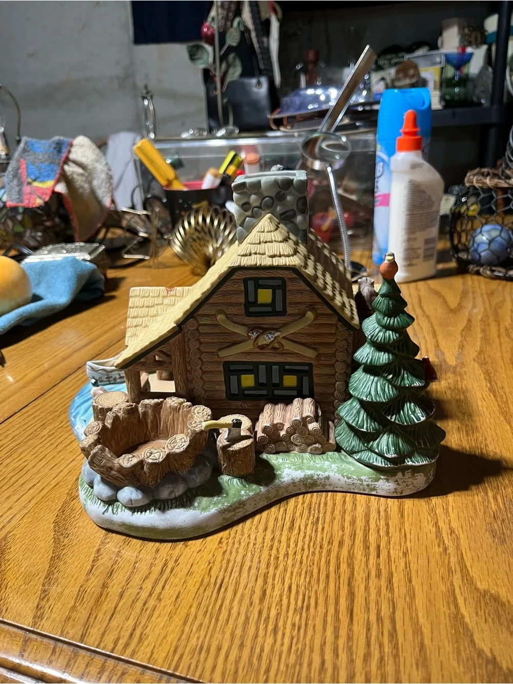 PartyLite Hand-Painted Ceramic Log Cabin Accent in Brown, Green, Yellow